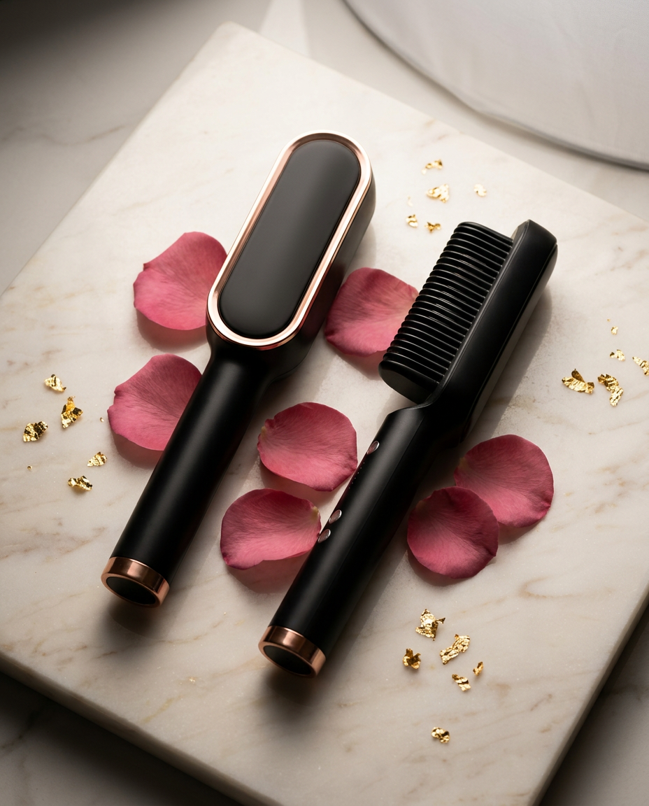 Escova alisadora Luxe Glow preta com detalhes em rosé gold sobre mármore