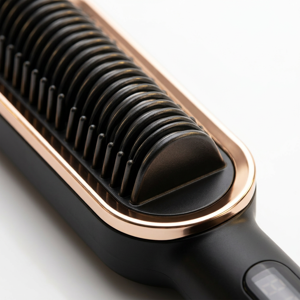 Detalhe macro da escova alisadora Luxe Glow preta com moldura rosé gold